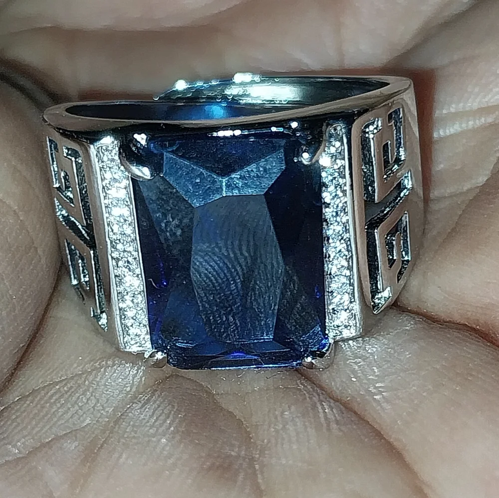 Men's 925 Silver Adjustable Ring with Blue Sapphire Gemstone